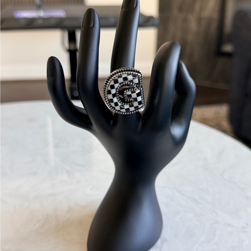 Black and White Checkered Statement Ring - Women's Fashion Jewelry Used